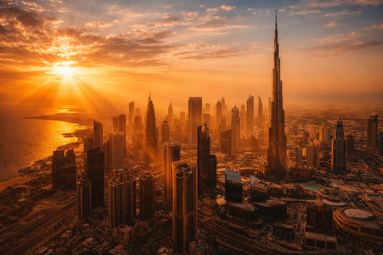 Dubai skyline at golden hour