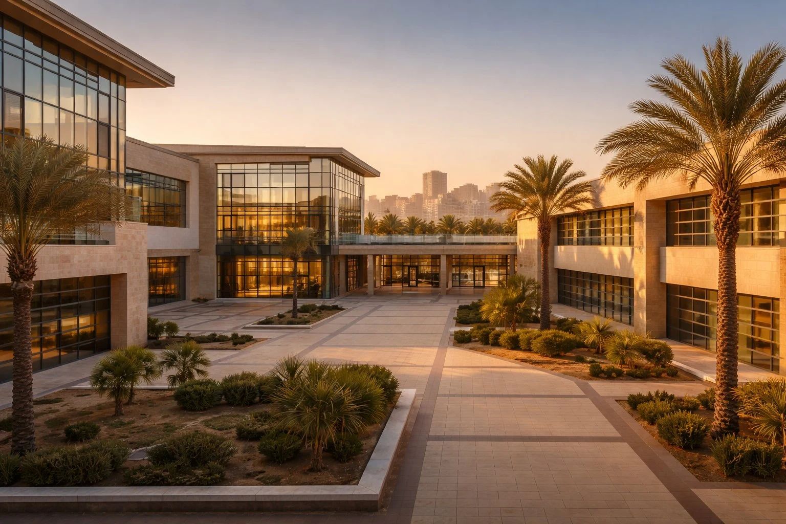 International school campus with palm trees at golden hour