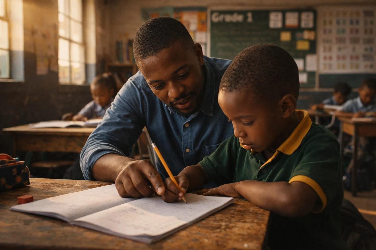 Teacher helping a young student at a desk