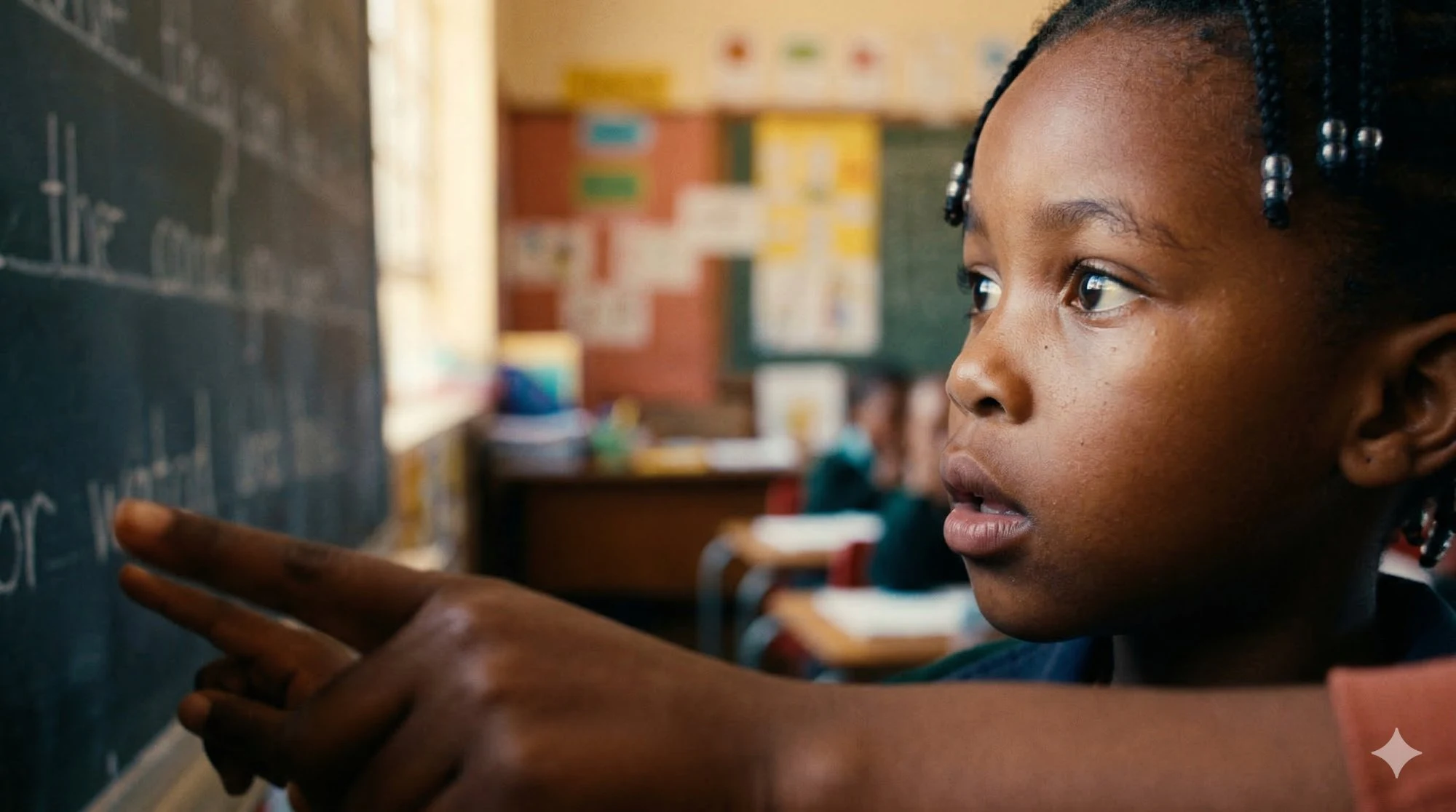 Young girl at a chalkboard in a classroom